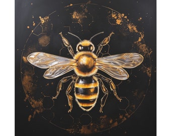 Honey Bee Art - honey bee painting, honey bee wall art, gold on black canvas, Kitchen Wall Art