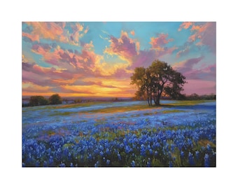 Bluebonnet Gemälde Wiese bei Sonnenuntergang, ideal für Wohnzimmer Dekor, Texas Frühlingsabend Kunstwerk, impressionistisch