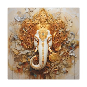 Ganesha Painting Relief, Indian Wall Art - abstract painting of Ganesha in white and gold in 3D relief