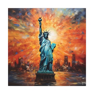 Statue of Liberty Painting - Beautiful Lady Liberty painting with New York City in the background. Iconic Statue of Liberty wall art.