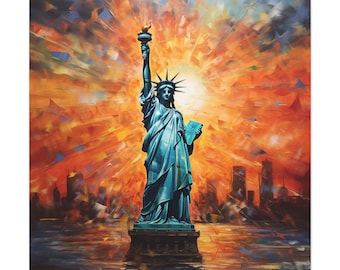 Pintura de la Estatua de la Libertad: Hermosa pintura de la Dama de la Libertad con la ciudad de Nueva York al fondo. Arte mural icónico de la Estatua de la Libertad.