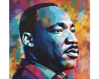 Puede incluir: Un retrato abstracto colorido de Martin Luther King Jr. con un fondo azul, verde y amarillo.