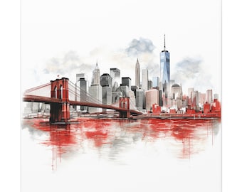 絵画⑦ ニューヨーク　New York マンハッタン　風景画　油絵　2012 ニューヨーク市の絵 - ニューヨーク市のスカイラインの絵、赤で描かれ