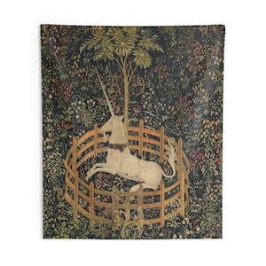 Unicorn in Captivity Tapestry - mediaeval tapestry of unicorn in captivity surrounded by fence and forestry design, lying by tree