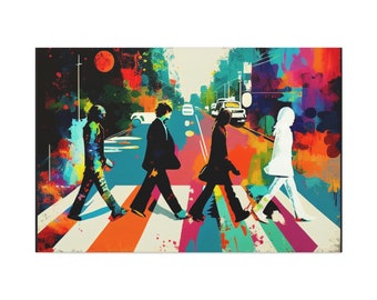 May include: A colourful abstract painting of four figures walking across a zebra crossing. The figures are silhouetted against a background of bright colours and splattered paint.