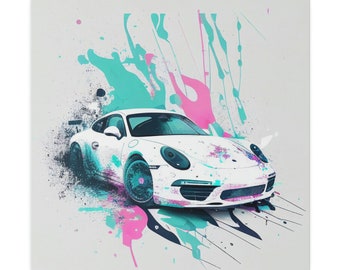 Porsche Wall Art Canvas - bianco, grigio con accenti pastello