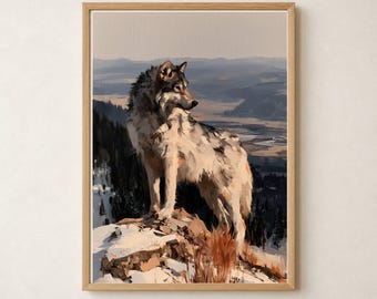 Wolf Mountain Wilderness Painting Printable Wall Art, Wolf Wall Art