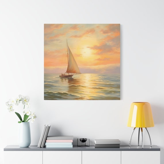 帆船の絵画、海岸の壁画 - 夕日に近づく海上の孤独な帆船、帆船の壁画