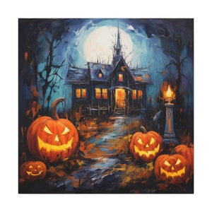Halloween painting - abstract Halloween wall art depicting a haunted house with jack o&#39;lanterns and pumpkins.