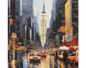 New York City Painting - New York City street with the Empire State Building lit up in the distance, NYC wall art