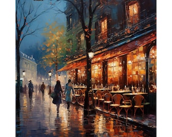 Paris painting poster print - a print of a beautiful painting of a Paris café at night, Paris poster