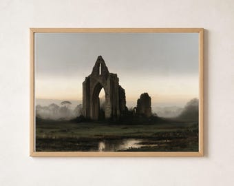 Ruined Abbey, Horizontal Gray Green Printable Wall Art, Gothic Architecture Landscape Painting