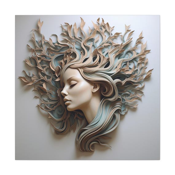 立体ウォールアート - 女性の横顔、自然を描いた3D絵画 - キャンバス