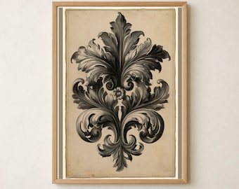 Acanthus Ornament, Vertical Black Beige Printable Wall Art, Classical Scrollwork Drawing