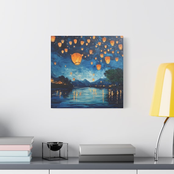 魔法の夜のランタンフェスティバルの絵画 - 星空と水に浮かぶランタン