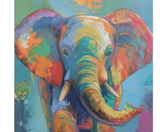 カラフルなゾウのアート 絵画　原画　キャンバス　現代アート　動物画　一点もの 象の保育園の絵画 - キャンバスに描かれた象の保育園風の絵画