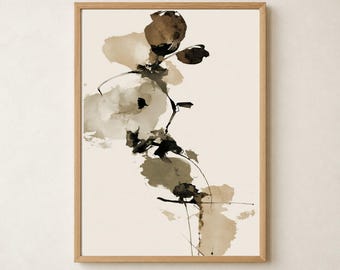 Brown Neutral Ink Wabi Sabi Floral Vertical Wall Art, Japandi Decor