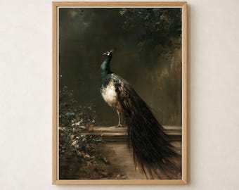 Peacock Painting, Vertical Green Blue Printable Wall Art, Old World Bird Portrait
