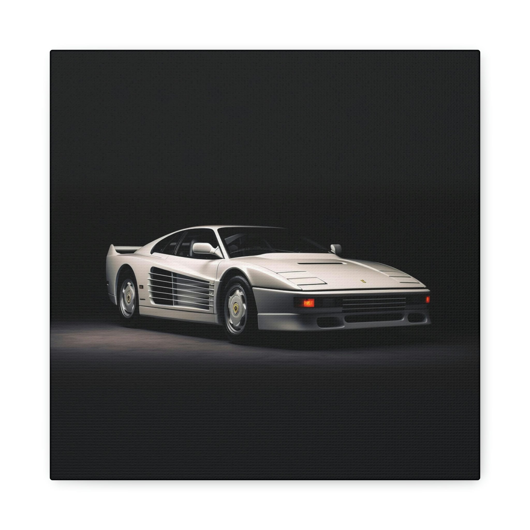 白いフェラーリの壁アート - 黒い正方形のキャンバスに描かれた