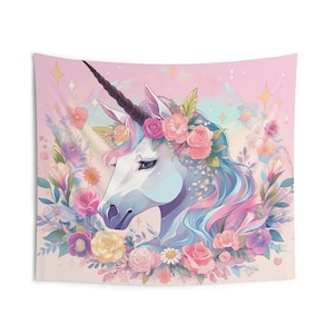 Unicorn Tapestry - cute tapestry of unicorn surrounded by flowers on pink background for bedroom, living room, wall decor