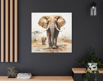 象の画物 アフリカゾウの絵画 - 抽象的な象の壁アート、白いキャンバスに描かれ