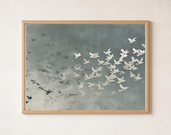 Vintage Flock of Birds Printable Wall Art, Moody Neutral Digital Download