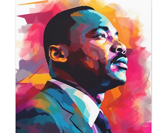 May include: A colorful, abstract portrait of Martin Luther King Jr. with a blue, green, and purple suit, a white shirt, and a black tie. The background is a vibrant mix of red, orange, and yellow.