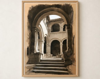 European Courtyard, Vertical Brown Beige Printable Wall Art, Arched Passage Architectural Drawing