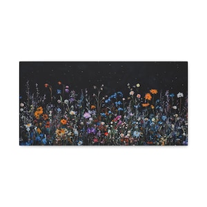 Canvas Wall Art, Wildflowers at Night, Moody Floral Landscape Painting, Panoramic Decor, Above Bed Wall Art Print, Dark Artwork