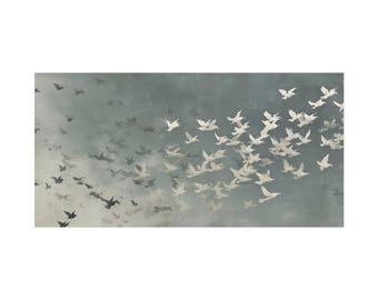 Vintage Bird Wall Art | Flock of Birds Print | Moody Grey Canvas | Abstract Flying Birds | Rustic Home Decor | Neutral Tone Painting