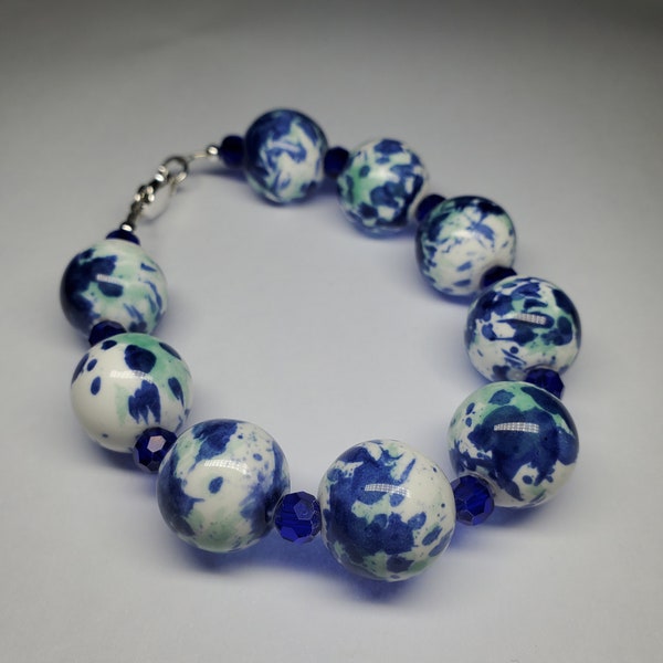 Chunky 24mm Round Ceramic White Blue Green, with Cobalt Blue 6mm Crystal beads handmade beaded bracelet, lobster claw clasp