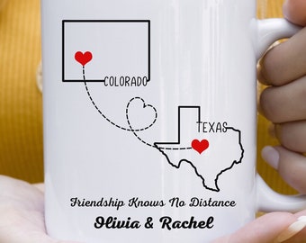 Custom State to State Long Distance Love Mug Friendship Knows No Distance Custom Names Text and States Mug Family Long Distance Mug