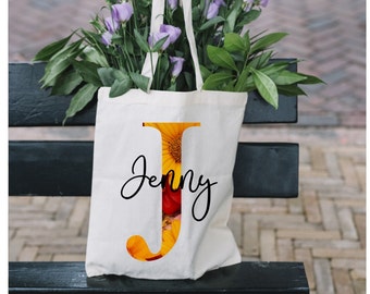 Floral Letter and Name Tote Bag Flower Pattern Custom Printed Personalised Gift for Her Wife Girlfriend Sister Bride Mother Cute Tote Bag