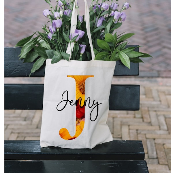 Floral Letter and Name Tote Bag Flower Pattern Custom Printed Personalised Gift for Her Wife Girlfriend Sister Bride Mother Cute Tote Bag