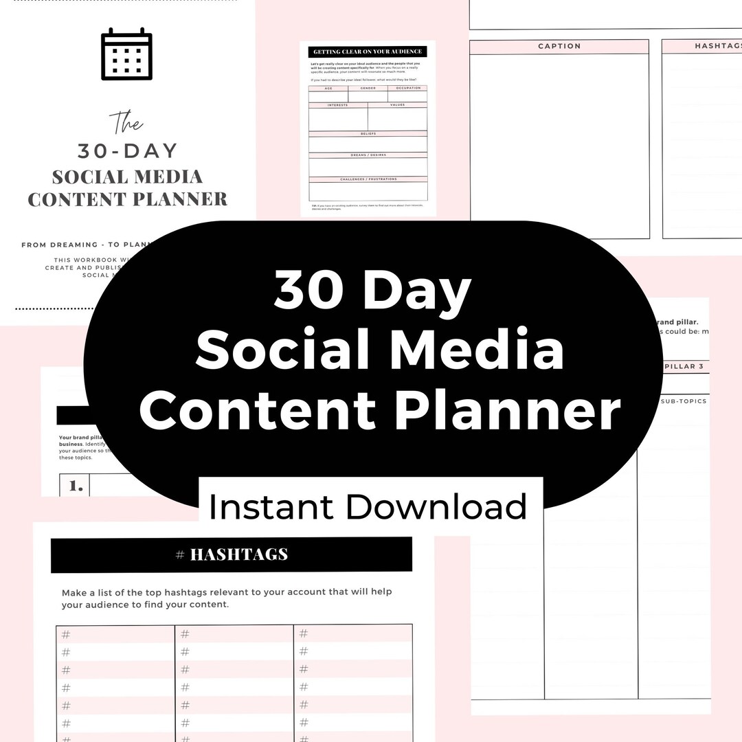 30 Day Social Media Content Planner Printable INSTANT DOWNLOAD, Social