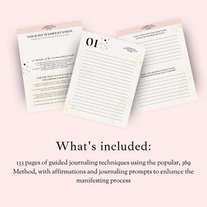 May include: A pink and gold printable journal with the text "Your 1st Manifestation" and "Complete Manifestation Guide". The journal includes guided journaling techniques using the popular 369 Method, with affirmations and journaling prompts to enhance the manifesting process.