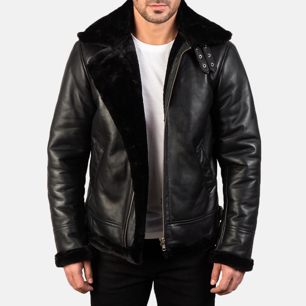 Black leather fur collar jacket deals