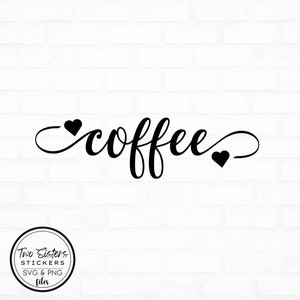 Può includere: Grafica in bianco e nero della parola "coffee" con due cuori su entrambi i lati della parola.