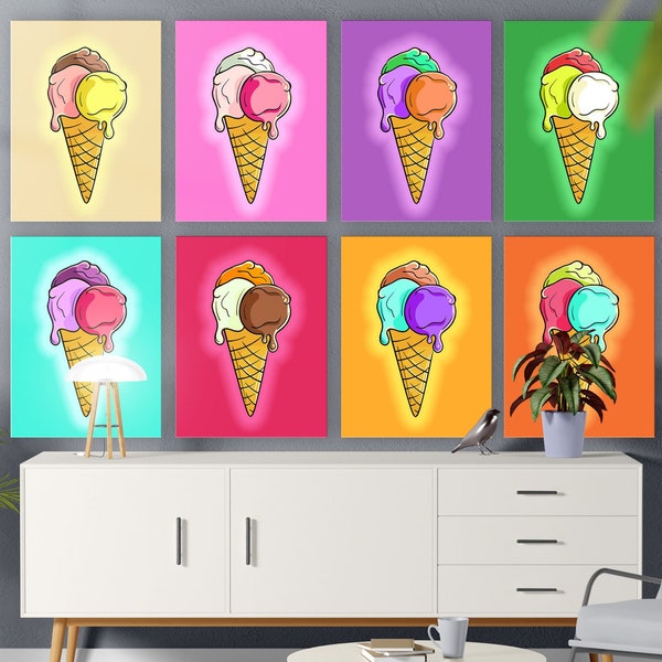 Ice Cream SET OF 8 Andy Warhol style Canvas Painting Pop Art Wall Decor Unique Modern Kitchen Decor Ready to hang Stretched Multipanel Print