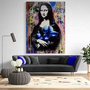 Mona Lisa with balloon dog by Banksy Bright Large Graffiti Style Wall Art Urban Painting on Canvas Original Wall Art Graffiti Wall Decor
