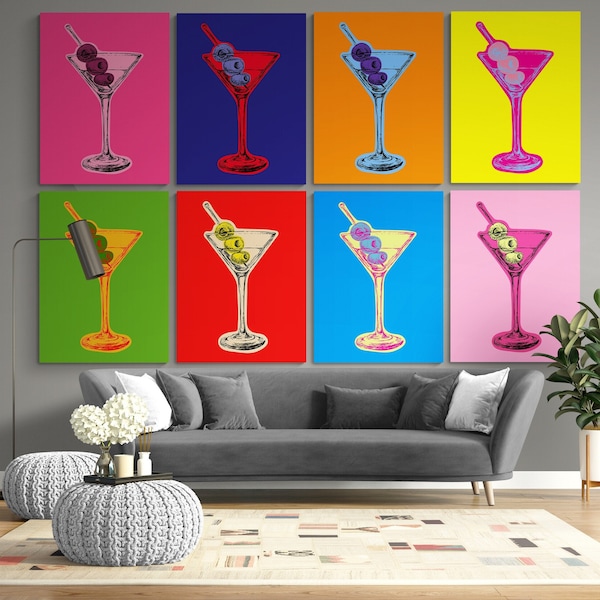 Martini Glass SET of 8 Canvas Pop Art Wall Art Rainbow Colors Print Decor Unique Painting for Kitchen Ready to hang Decor Christmas gift