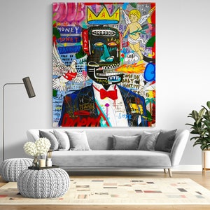 King of street Basquia style Bright Large Graffiti Style Wall Art Pop Art Painting on Canvas Original Graffiti Ready to Hang Decor