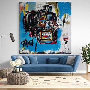 Cabeça de caveira azul Impressão em tela Arte de parede Decoração Grafite moderno Pronto para pendurar Grande pintura de sala de estar em estilo urbano Pintura contemporânea