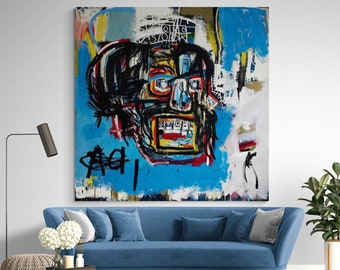 Impresión en lienzo de cabeza de calavera azul, arte de pared, decoración, grafiti moderno, listo para colgar, cuadro grande para sala de estar en estilo urbano, pintura contemporánea