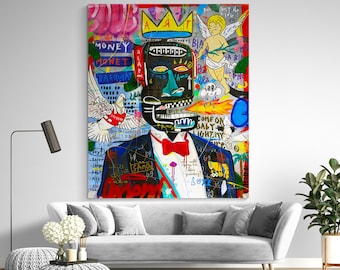 King of street Basquia style Bright Large Graffiti Style Wall Art Pop Art Painting on Canvas Original Graffiti Ready to Hang Decor