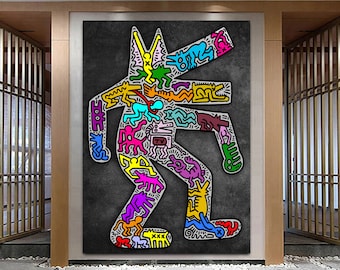 Décoration murale en toile lumineuse chien couleur Haring Extra large, style pop graffiti, art original, décoration urbaine pour chambre d'enfant, meilleur cadeau pour lui