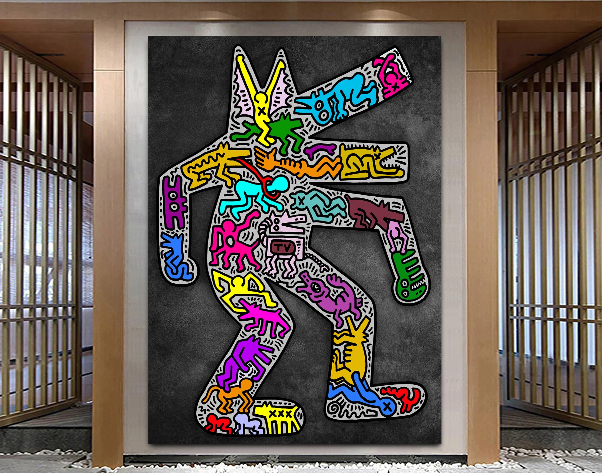 アート・デザイン・音楽 PITTURA DURA Haring Color Dog Bright Canvas Wall Art Extra Large Graffiti Pop