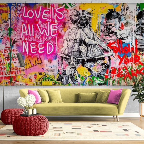 Liebe ist alles, was wir brauchen, neonhelles, extra großes Graffiti-Wandbild, Wandkunst, urbanes Leinwandgemälde, Original-Graffiti-Dekor, bestes Hochzeitsgeschenk