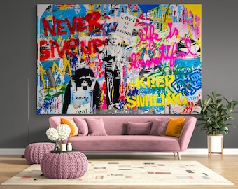 Never give Up Bright Street Pop Art Canvas Print Wall Decor Modern Motivation Extra Large Graffiti Urban Ready to hang Painting