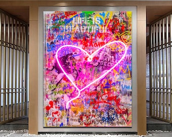 Neon light Heart and Printable Canvas Bright Wall Art Extra Large Graffiti Pop Style Art Original Graffiti Urban Decor Best gift for her